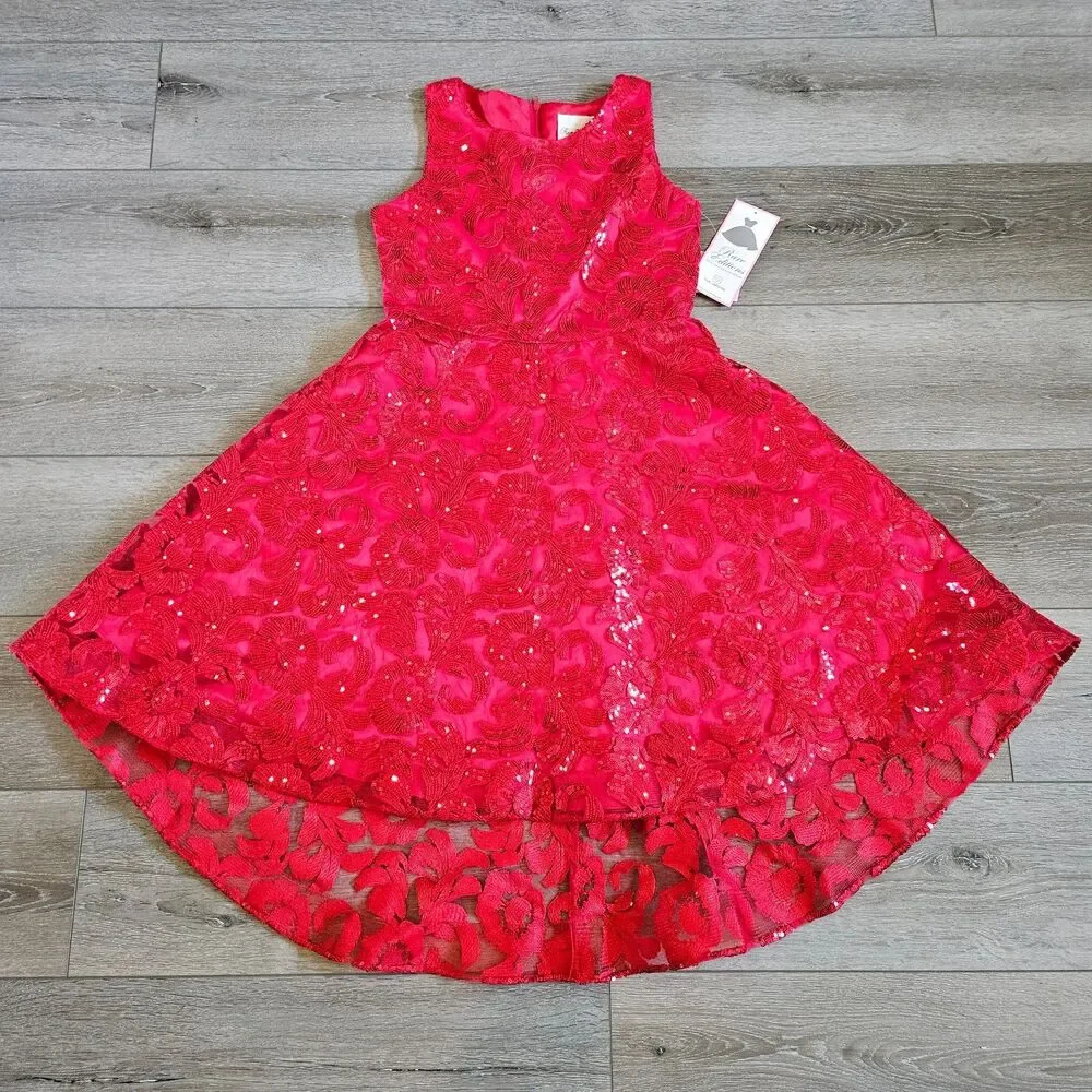 Rare Editions Girls 14 Hi-Low Tulle Sequins Dress Red Floral Party Holiday NWT